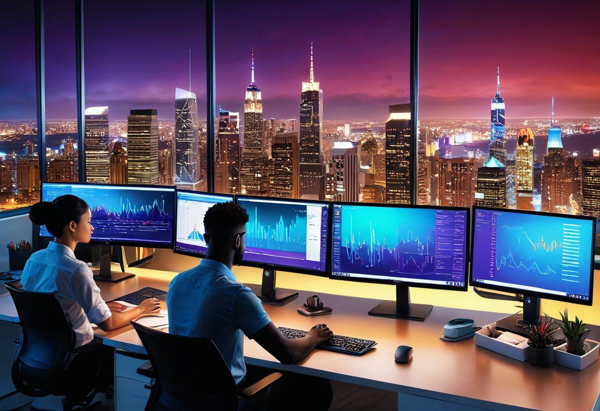 A dynamic and innovative tech workspace filled with code snippets, marketing charts, and design elements seamlessly blending together. In the foreground, a diverse team collaborates, symbolizing unity in custom web development and online marketing. The background features a sleek, modern cityscape representing limitless possibilities. vibrant colors. super-realistic. dynamic.