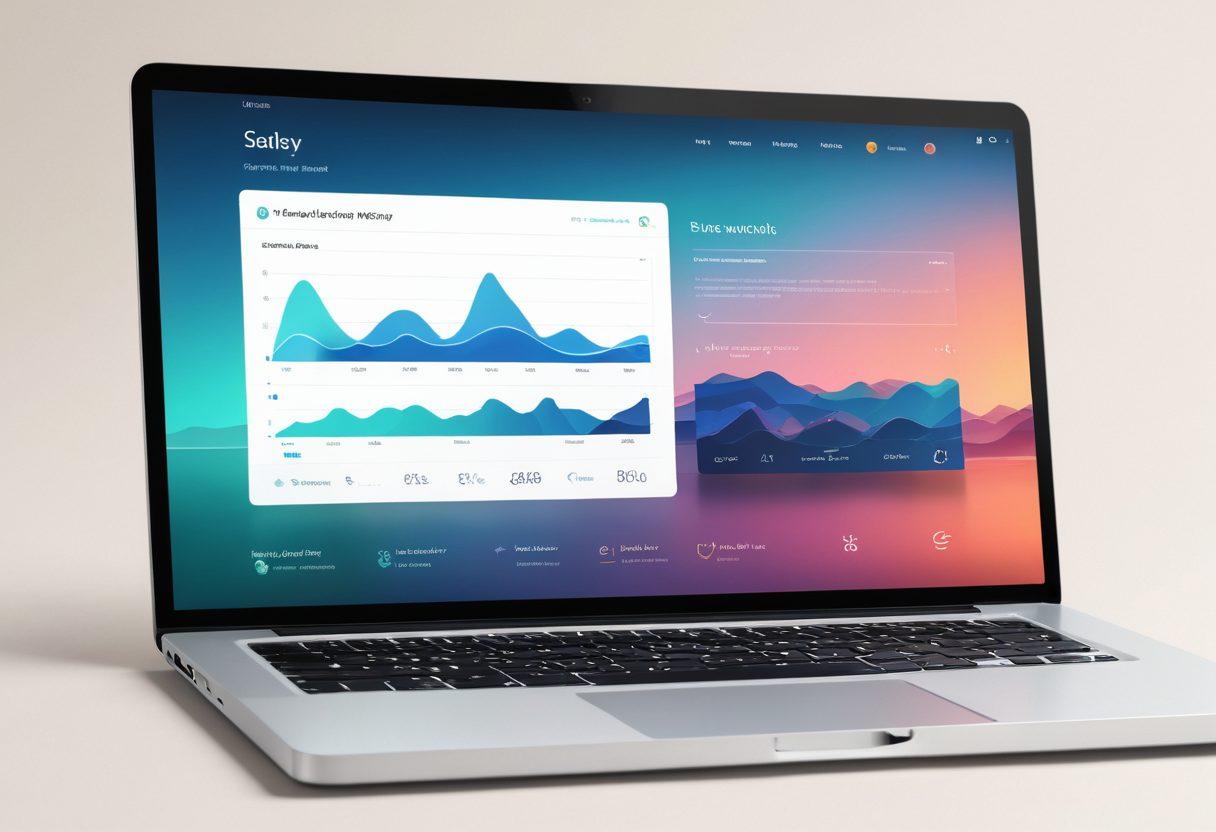 A dynamic website interface blending sleek UX design and vibrant SEO elements; users seamlessly interacting with features like smooth navigation and engaging visuals, symbolized by icons and graphs. Enhancing the background are soft, ethereal waves representing the impact of optimized web solutions. sleek modern style. vibrant colors.