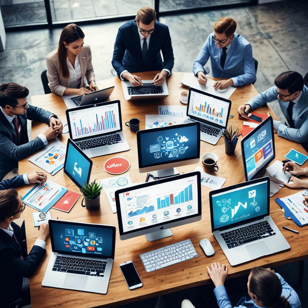 A dynamic business landscape with interconnected digital elements like social media icons, SEO graphs, and responsive web designs all converging into a central hub, representing the transformative power of comprehensive digital and online marketing services. Modern office environment with professionals strategizing on tablets and computers. vibrant colors. modern, professional style.